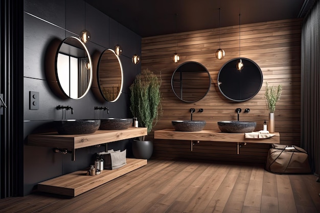 Modern bathroom with multiple sinks and mirrors Generative AI