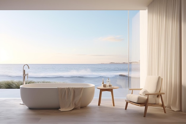 Modern Bathroom With Ocean View and Bathtub