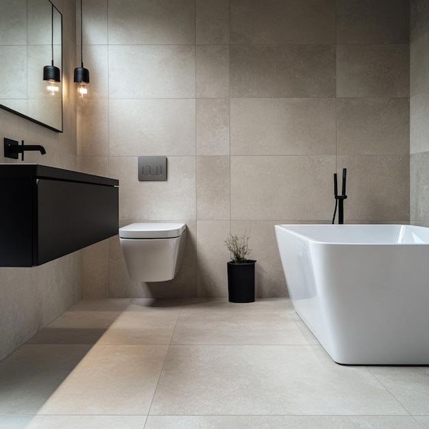 A modern bathroom with sleek largeformat tiles and underfloor heating