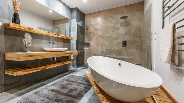 Modern bathroom with stylish bathtub and wash basin and wooden counter and shelf generative ai