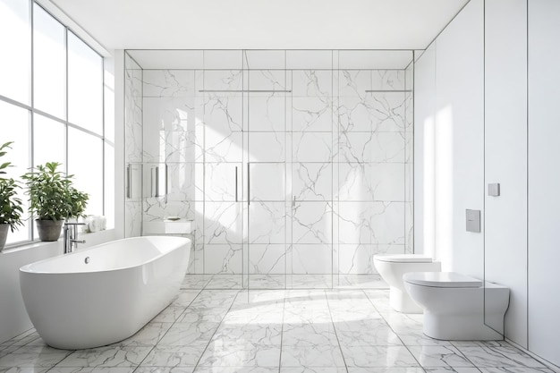 Modern bathroom with white marble tiles and a freestanding bathtub