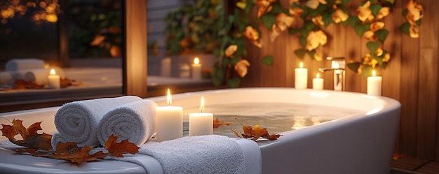 Photo modern bathtub surrounded by autumn leaves and lit candles creating relaxing atmosphere