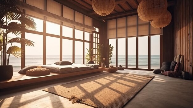 Modern beach house interior design with ocean view with generative ai