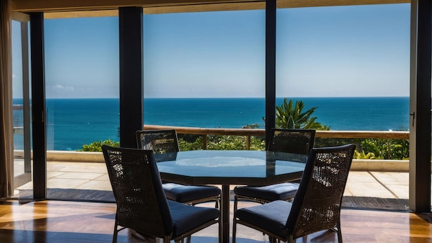 Modern beach house interior with ocean view through panoramic windows