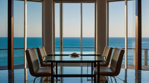 Modern beach house interior with ocean view through panoramic windows