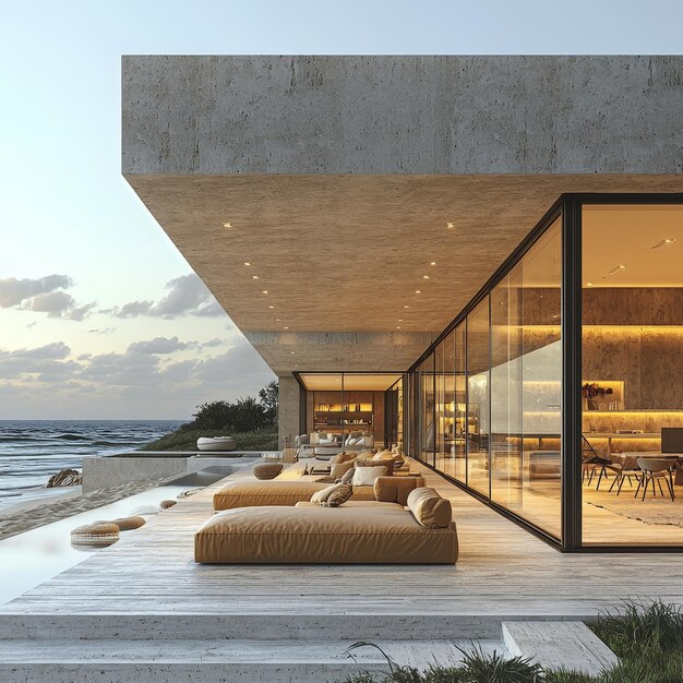 Photo modern beach house with floortoceiling windows overlooking sandy shore