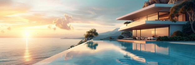 Photo modern beach house with infinity pool at sunset