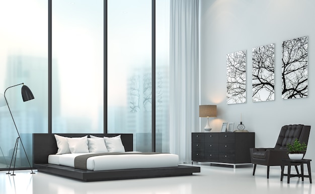 modern bedroom 3d render there are large windows look out to see the city background in the fog