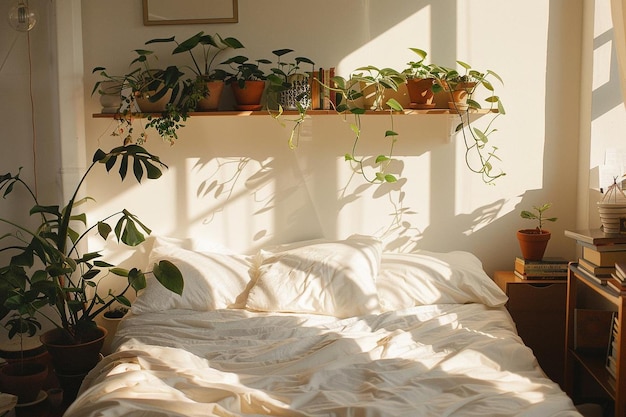 A modern bedroom at daylight with a nightstand california style white walls sun enter books