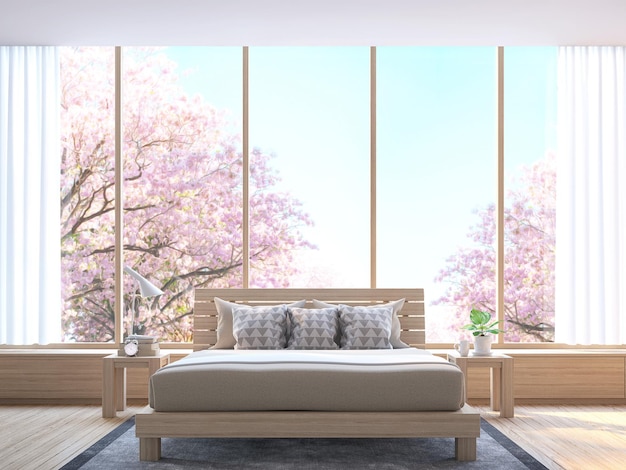 Modern bedroom decorate room with wood 3d render large window overlooking the tree with pink flowers