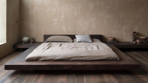 modern bedroom design with a beige stucco wall setting the tone for a minimalist bed adorned with clean lines and subtle accents creating a refined and elegant atmosphere