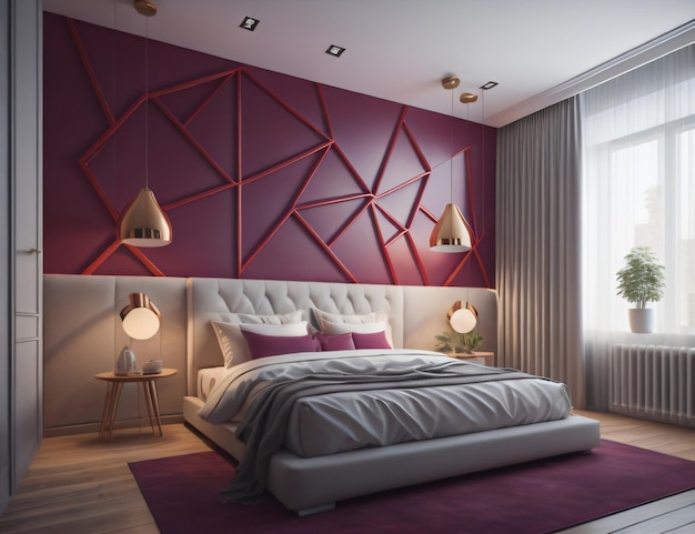 Modern bedroom design with purple walls equipped with glass walls