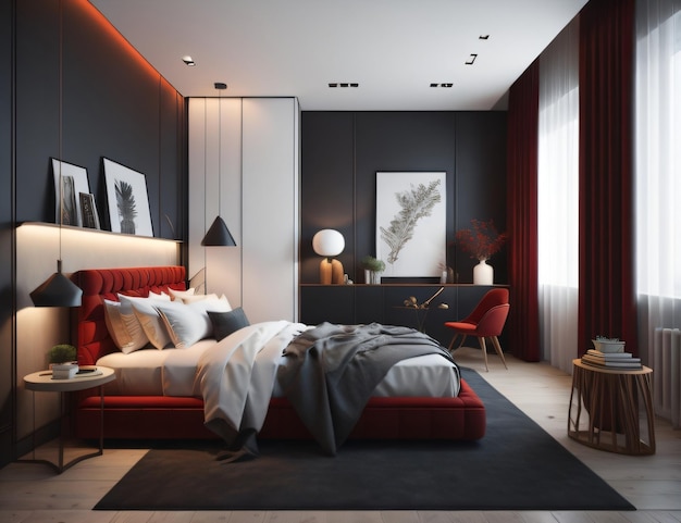 Modern bedroom design with a red bed complete with glass walls