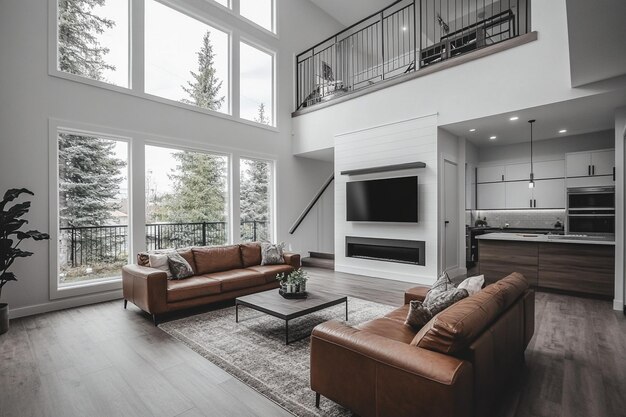 Photo modern bedroom of a designer farmhouse with a double bed with lots of pillows and large windows that let in lots of natural light