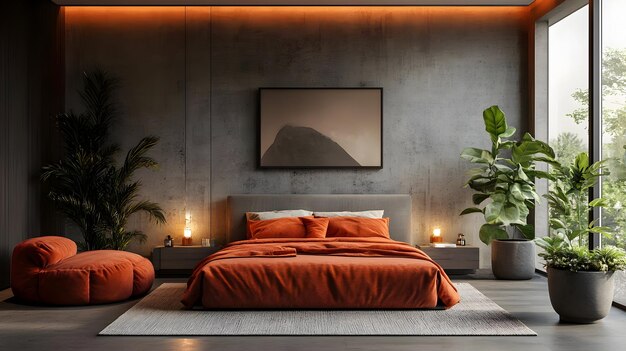 Modern Bedroom Interior Design with Orange Bedspread and Plants