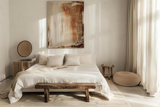 Photo modern bedroom interior featuring white bed and wicker decor in sunlit room