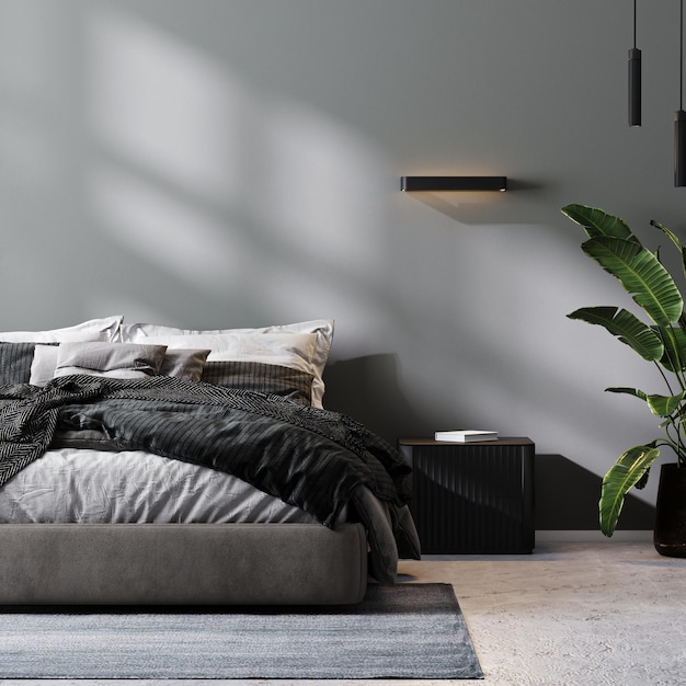 Modern bedroom interior in gray tones, bedroom mock up, 3d rendering