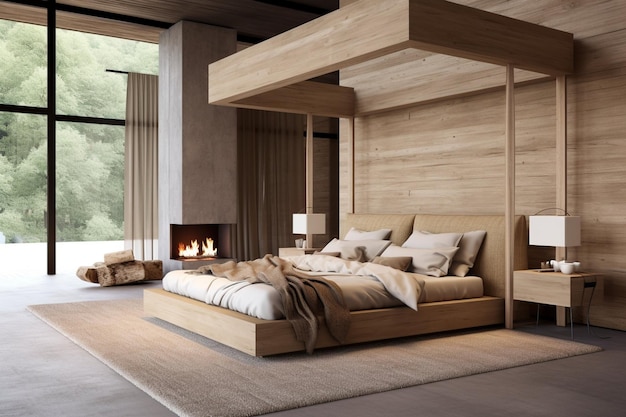 Modern bedroom interior in scandinavian style with a cozy bed with wooden canopy and pillows