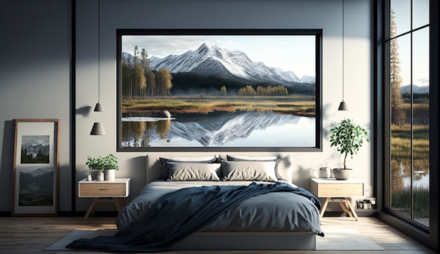 Modern bedroom interior with big windows and and nature frame on the wall Generative Ai