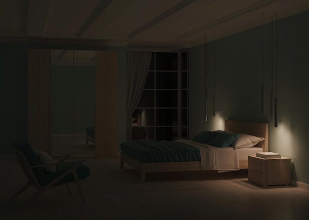 Modern bedroom interior with blue walls. Night. Evening lighting. 3D rendering.