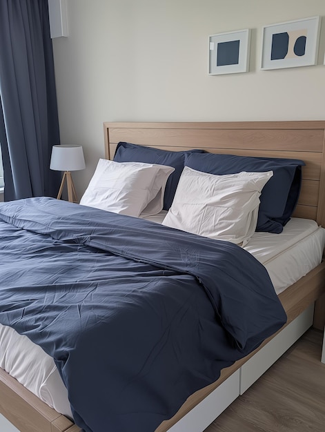 Modern bedroom interior with blue and white bedding wooden bed frame and minimalist decor