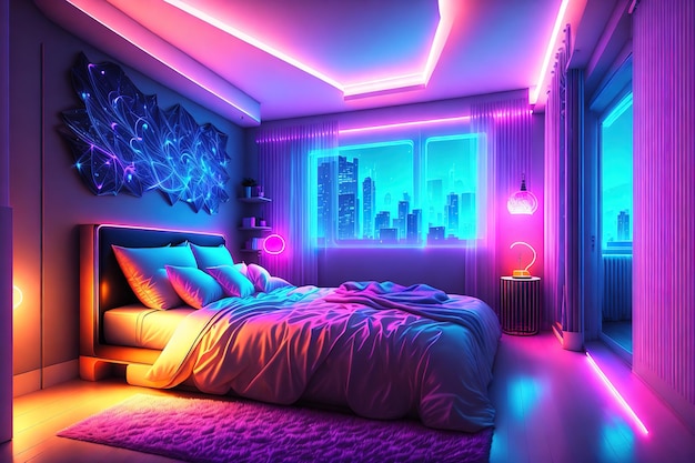 Modern bedroom interior with neon lights glowing ambient in the evening Luxurious stylish apartment