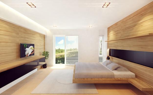 Modern bedroom interior in wood decoration