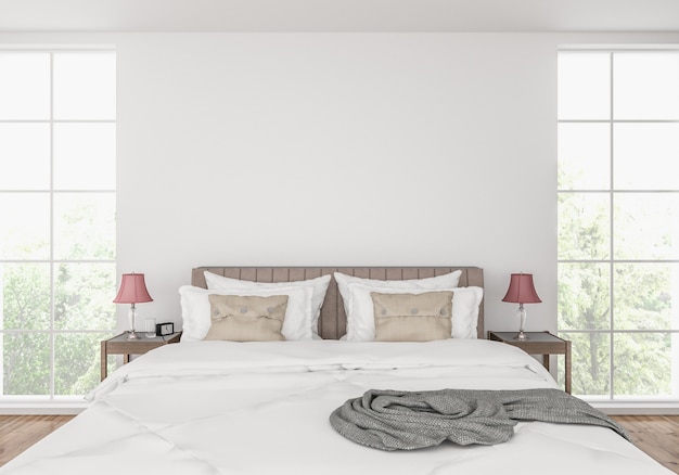 Modern bedroom with blank wall, artwork display