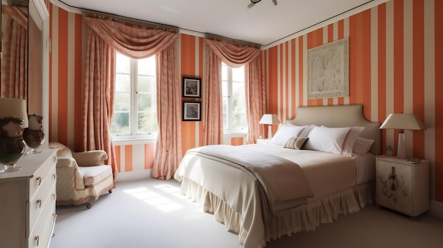 Modern bedroom with brown curtains on a large window a horizontal poster on the headboard