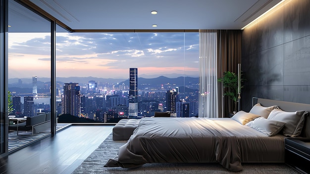 Modern bedroom with a city skyline view