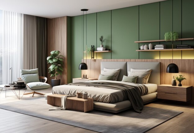 modern bedroom with the combination of green