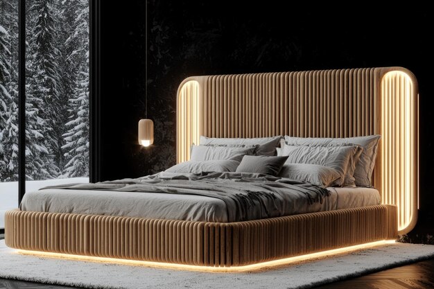 Photo modern bedroom with illuminated ribbed design bed