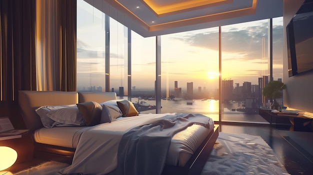 A modern bedroom with large windows overlooking a city skyline and sunset