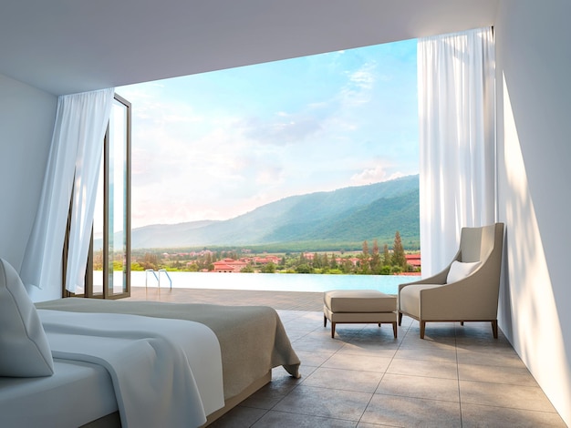 Modern bedroom with mountain view 3d render