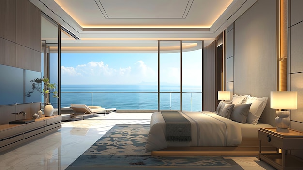 Modern bedroom with ocean view featuring a kingsize bed large windows and a balcony