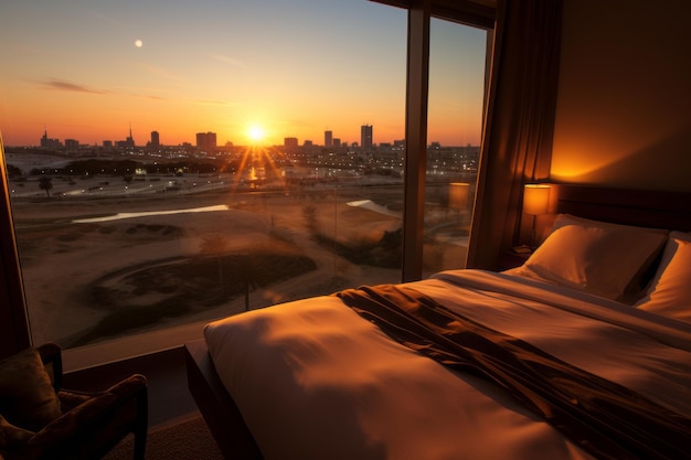 Modern bedroom with panoramic window in sunset Resort hotel room