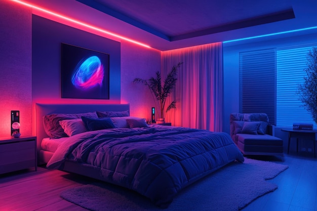 Modern bedroom with pink and blue LED lights bed armchair and artwork