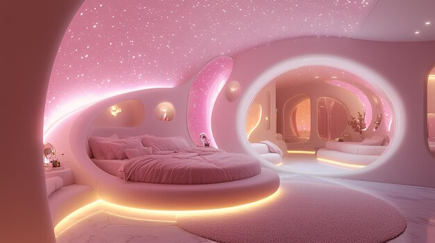 Photo a modern bedroom with a pink round bed and a starry ceiling