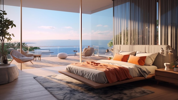 Modern bedroom with sea view from the windowgenerative ai