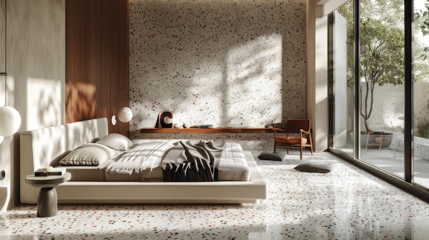 Photo modern bedroom with terrazzo flooring and large window