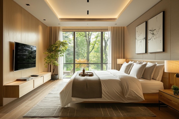 Modern Bedroom with a View of Lush Greenery