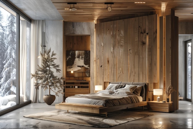 A modern bedroom with wooden furniture a concrete floor warm lighting in a winter day