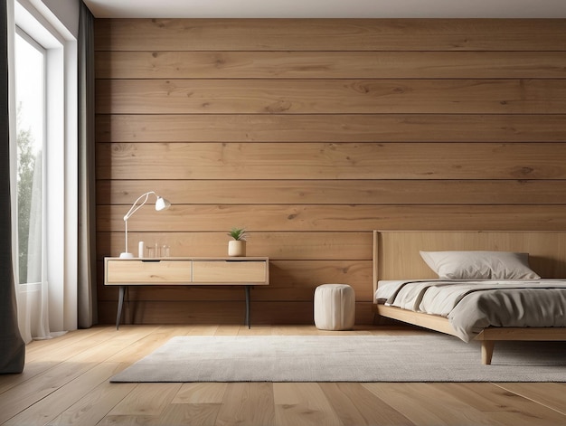 Photo modern bedroom with wooden walls and a bed in front of a window