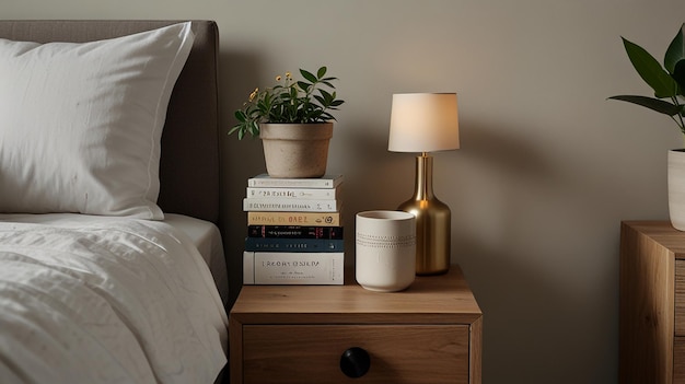 Photo modern bedside table with curated collection of items