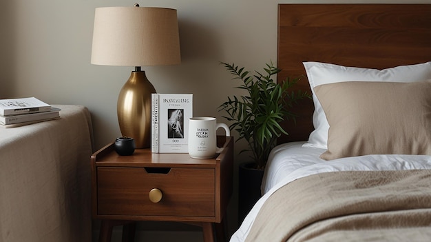 Photo modern bedside table with curated collection of items