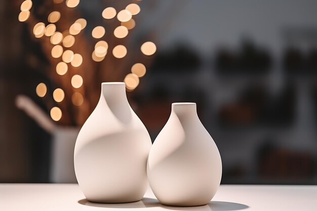 Modern beige ceramic vases under spotlight on the countertop