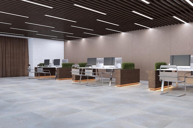 Modern beige coworking office interior with furniture and plant partitions 3D Rendering