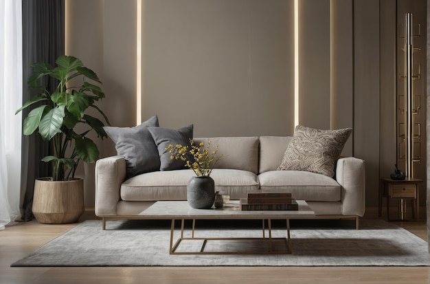 Modern Beige Living Room Design With Grey 3 Seater Sofa