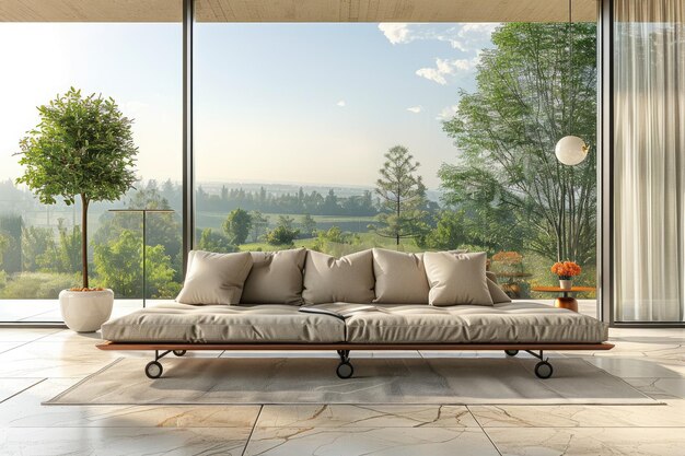 A modern beige sofa with plush cushions rests on wheels in a sunlit room facing a panoramic view of a verdant countryside