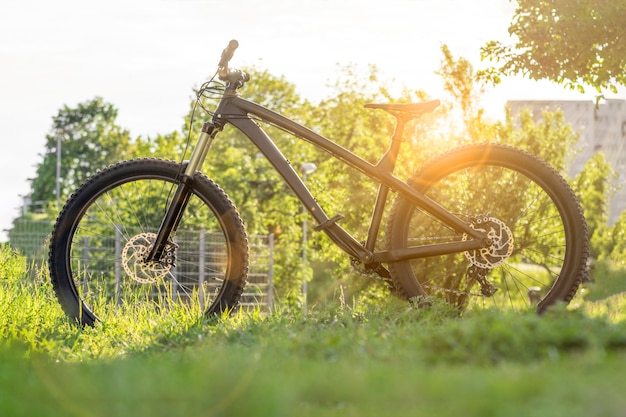 Modern bicycle. Black mountain bike at sunset. Trail bike. Hardtail enduro mtb.